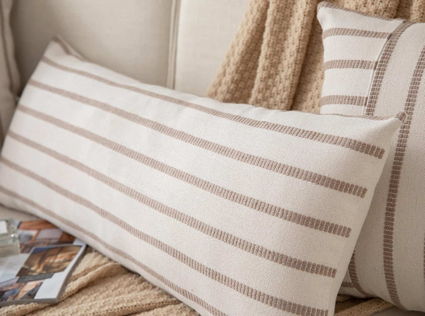 Boho Lumbar Throw Pillow Cover 14X36 Long Soft Farmhouse Decorative Couch Pillow Cases Beige Striped Body Pillow Covers Neutral Cushion Covers for Sofa Bed Living Room Home Decor Pack of 1