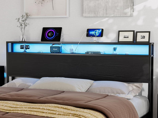 King Size Storage Headboard with LED Lights & Charging Station - Industrial Metal and Wood King Headboard Only for Bedroom, Attach Frame, Easy Assembly - Black
