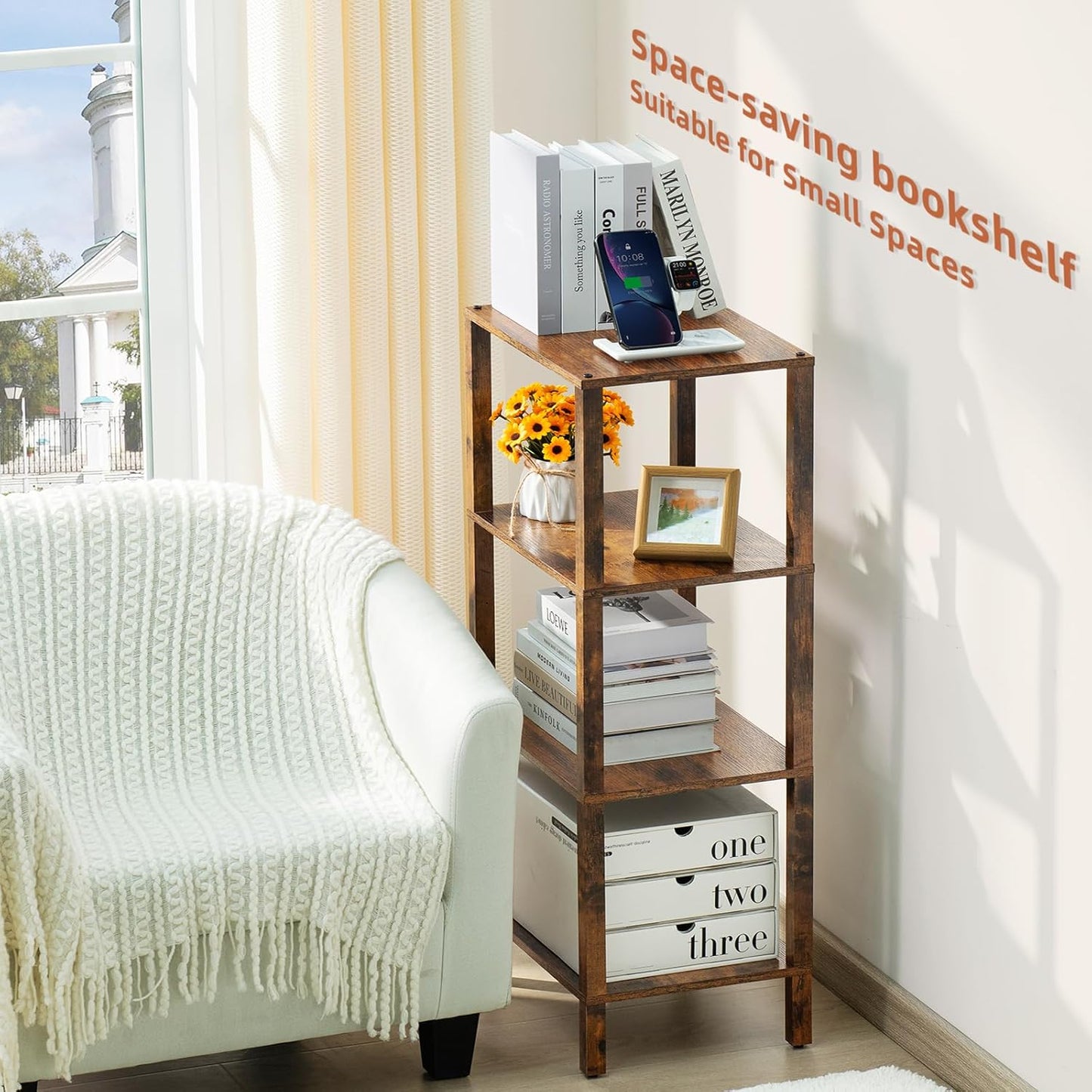 4 Tier Tall Wooden Bookshelf with Storage - Small Bookcase for Small Spaces, Shelf for Living Room, Office, Bedroom, Kitchen - Industrial Retro Brown Book Shelf