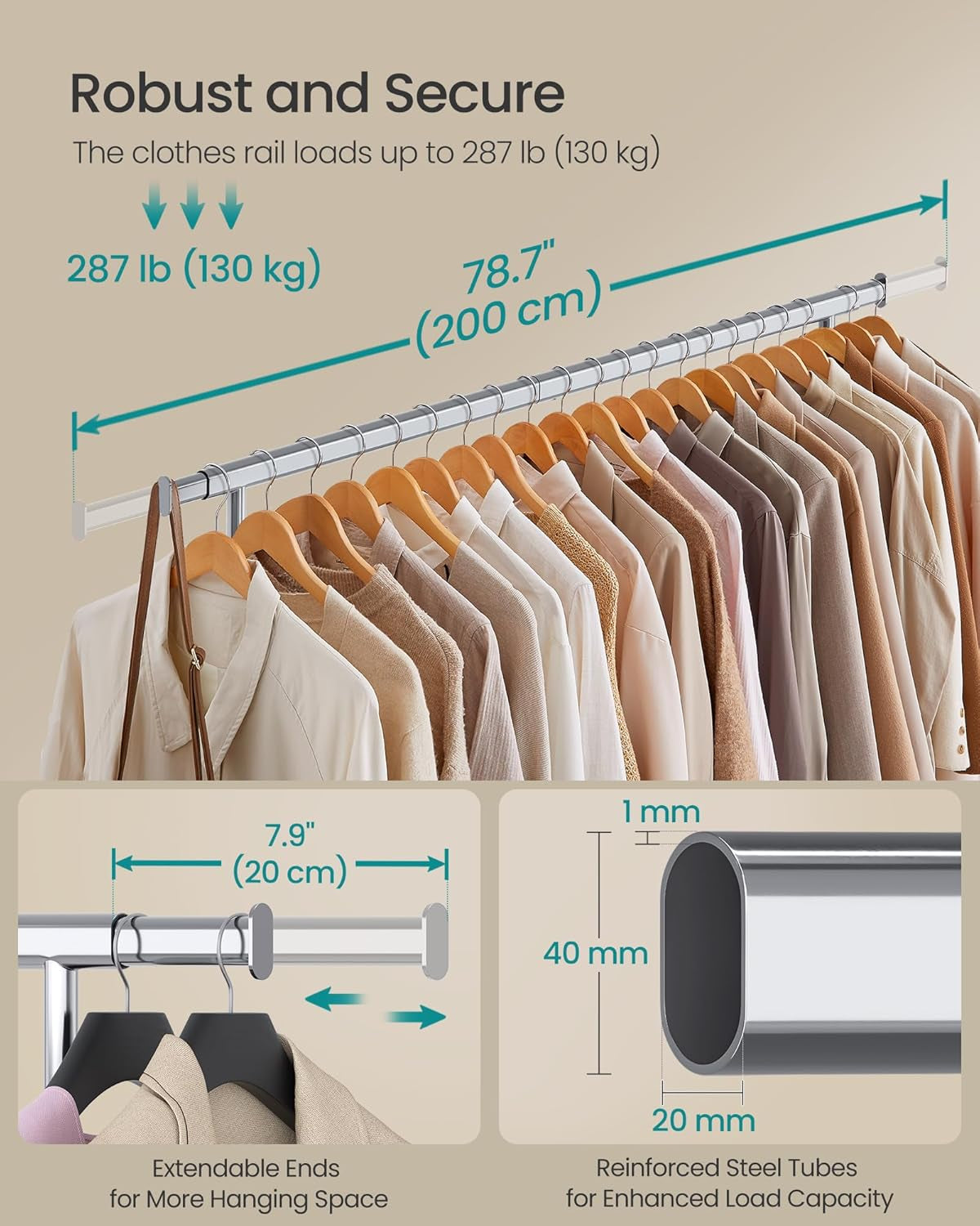 Clothes Rack with Wheels, Heavy-Duty Clothing Rack for Hanging Clothes, Portable, 17.7 X (63-78.7) X 63.6 Inches, with Extendable Rail, 330 Lb Load Capacity, Silver UHSR175E01