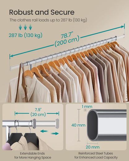 Clothes Rack with Wheels, Heavy-Duty Clothing Rack for Hanging Clothes, Portable, 17.7 X (63-78.7) X 63.6 Inches, with Extendable Rail, 330 Lb Load Capacity, Silver UHSR175E01