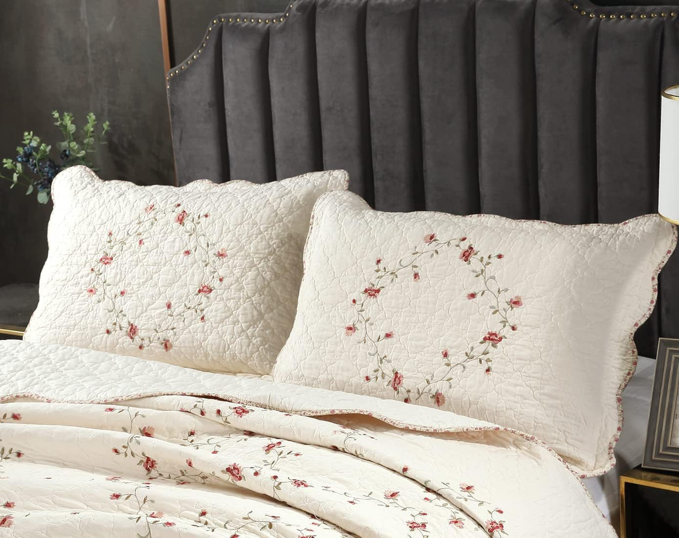 2-Piece Elegant Floral Embroidered Pillow Shams King Size 100% Cotton Quilted Decorative Pillow Shams Set (Cream,20"X36")