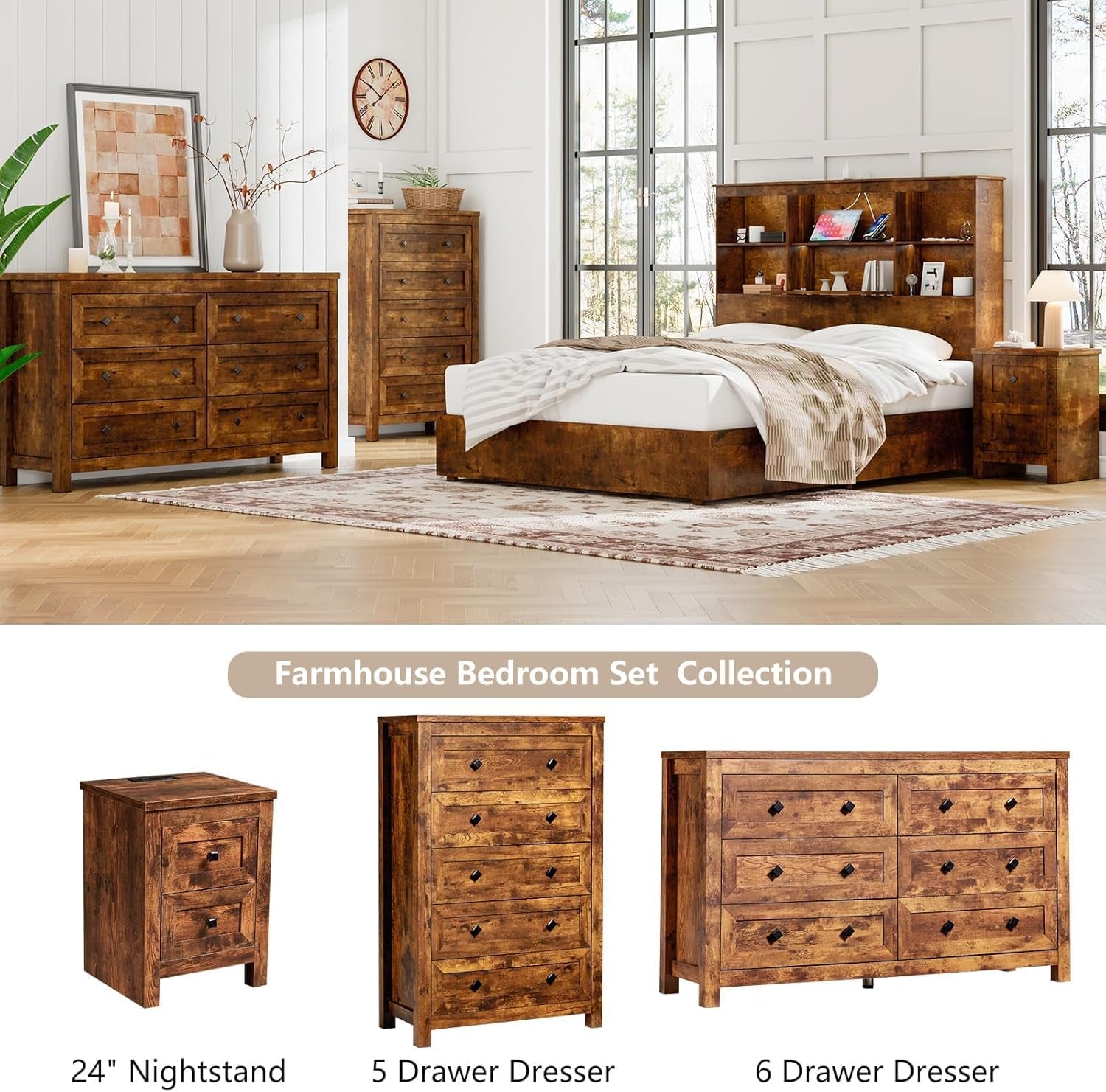 5-Piece Bedroom Set, 1 X Queen Size Bed Frame, 1 X 5 Drawer Dresser, 1 X 6 Drawer Storage Dresser, Nightstand Set of 2 with Charging Station, Farmhouse Bedroom Furniture, Rustic Brown