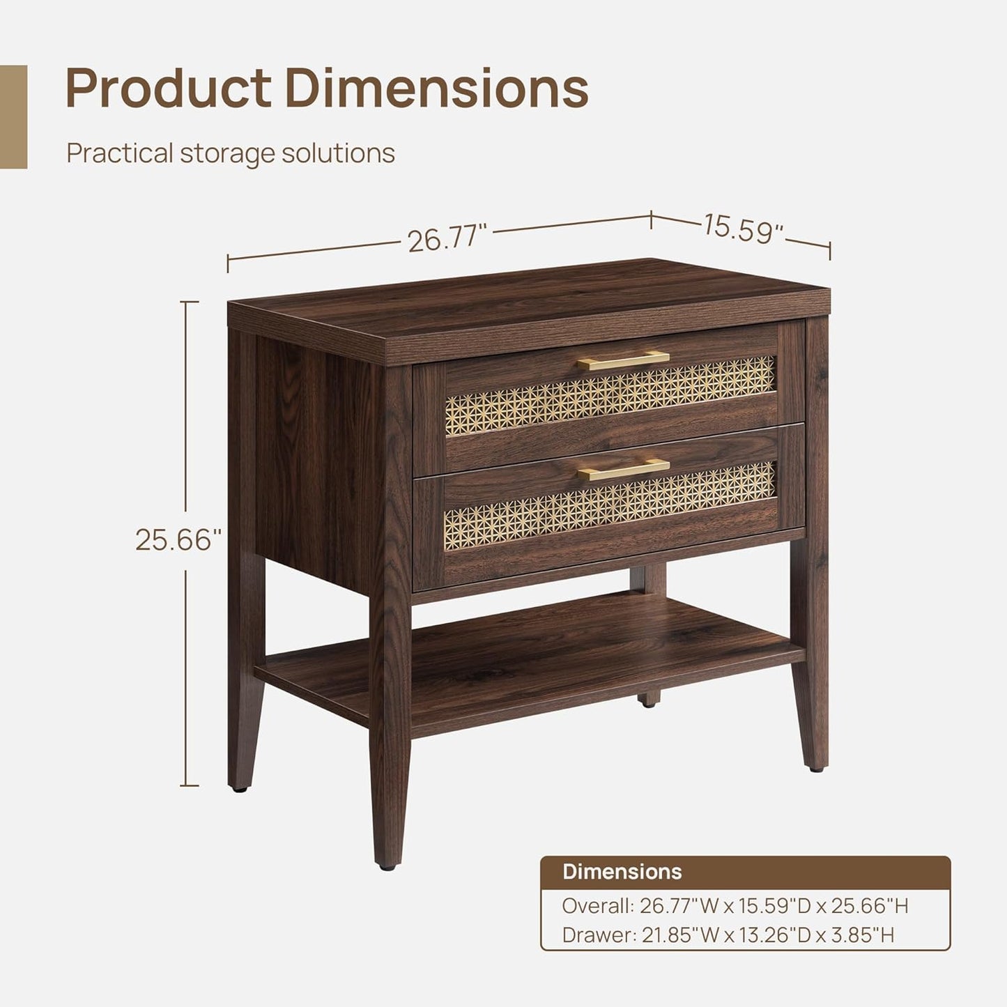 Night Stand Set 2 - Large Nightstands Sets of 2 with Drawers and Shelf, Rustic Bedside Table for Bedroom, Mid Century Modern Nightstand, 25.7" Tall Side End Table (Espresso Walnut, 2 Pieces)