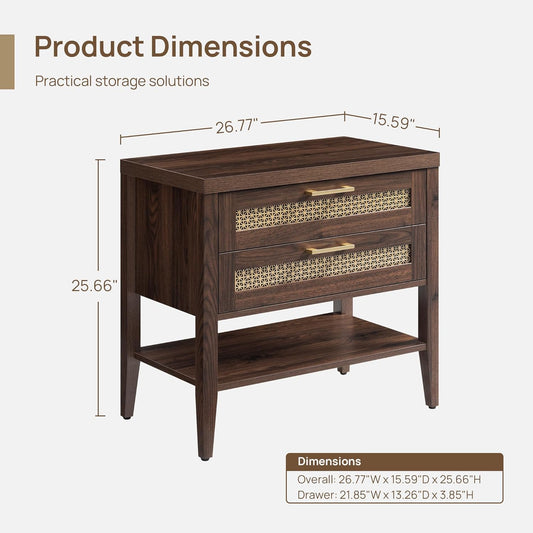 Night Stand Set 2 - Large Nightstands Sets of 2 with Drawers and Shelf, Rustic Bedside Table for Bedroom, Mid Century Modern Nightstand, 25.7" Tall Side End Table (Espresso Walnut, 2 Pieces)