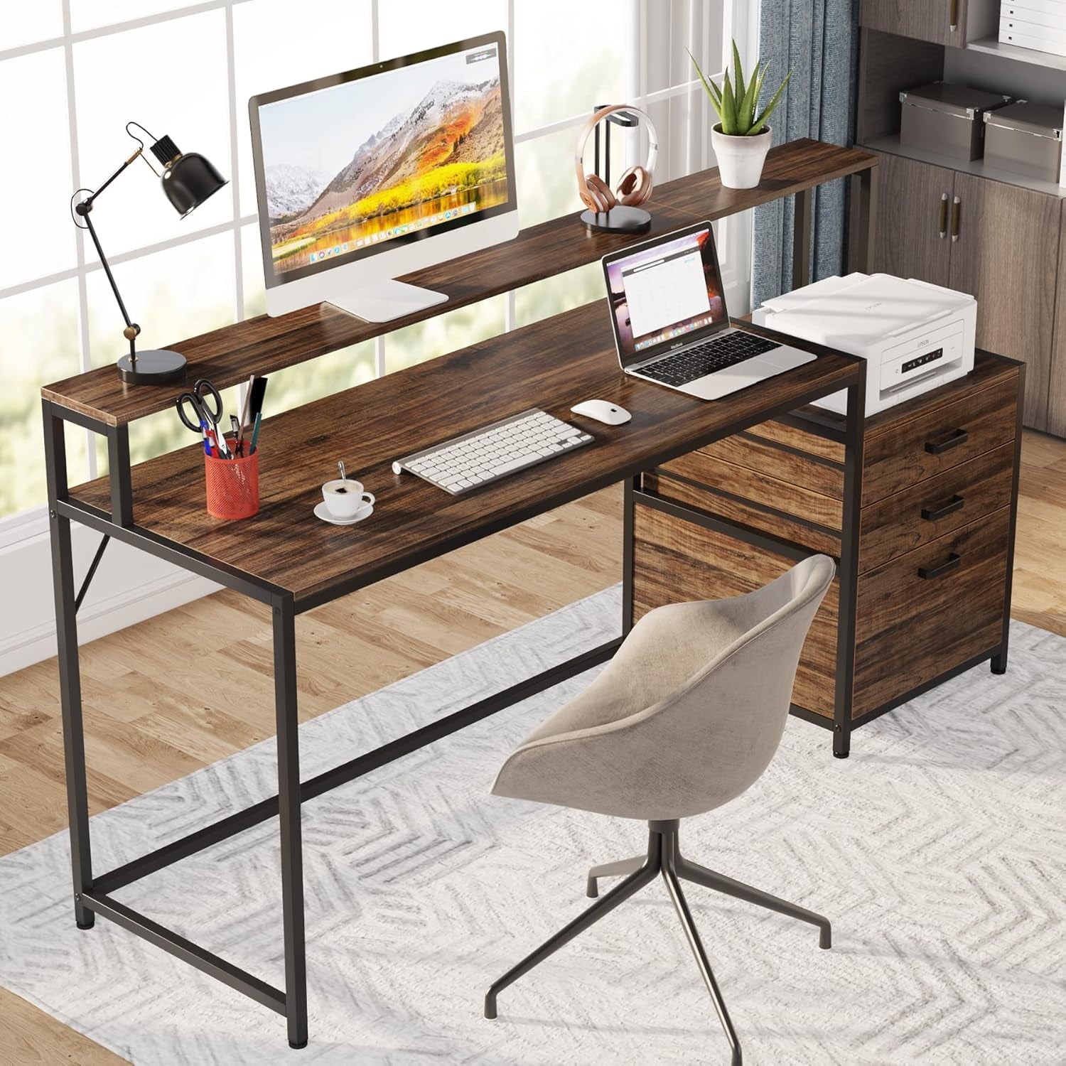 63 Inch Computer Desk with File Drawer Cabinet, Ergonomic Office Desk with Monitor Stand, Industrial Computer Table with Printer Space, Wood PC Table Workstation Desk for Home Office