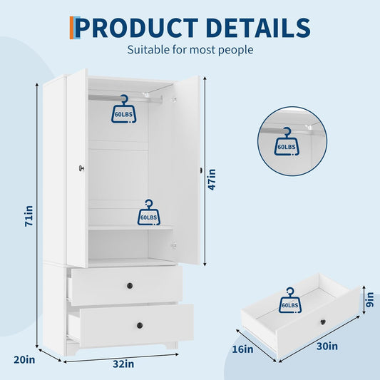 71" Armoire Wardrobe Closet, Modern Wooden Bedroom Armoire with 2 Drawers & 2 Doors and Adjustable Shelves，Clothing Storage Cabinet with Aluminum Hanging Rod, Locker