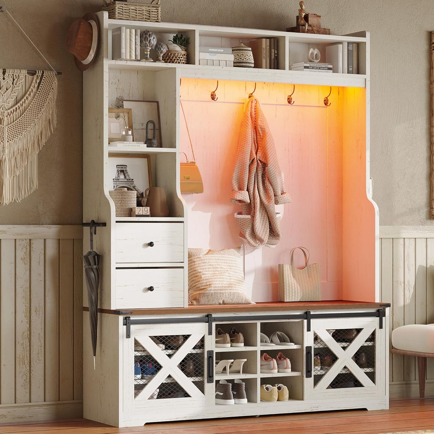 7-In-1 Farmhouse Hall Tree with Bench and Shoe Cabinet, LED Entryway Organizer with 2 Drawers, 12 Shoe Cubbies & Barn Doors, 7 Coat Racks with Shoe Storage, Rustic White