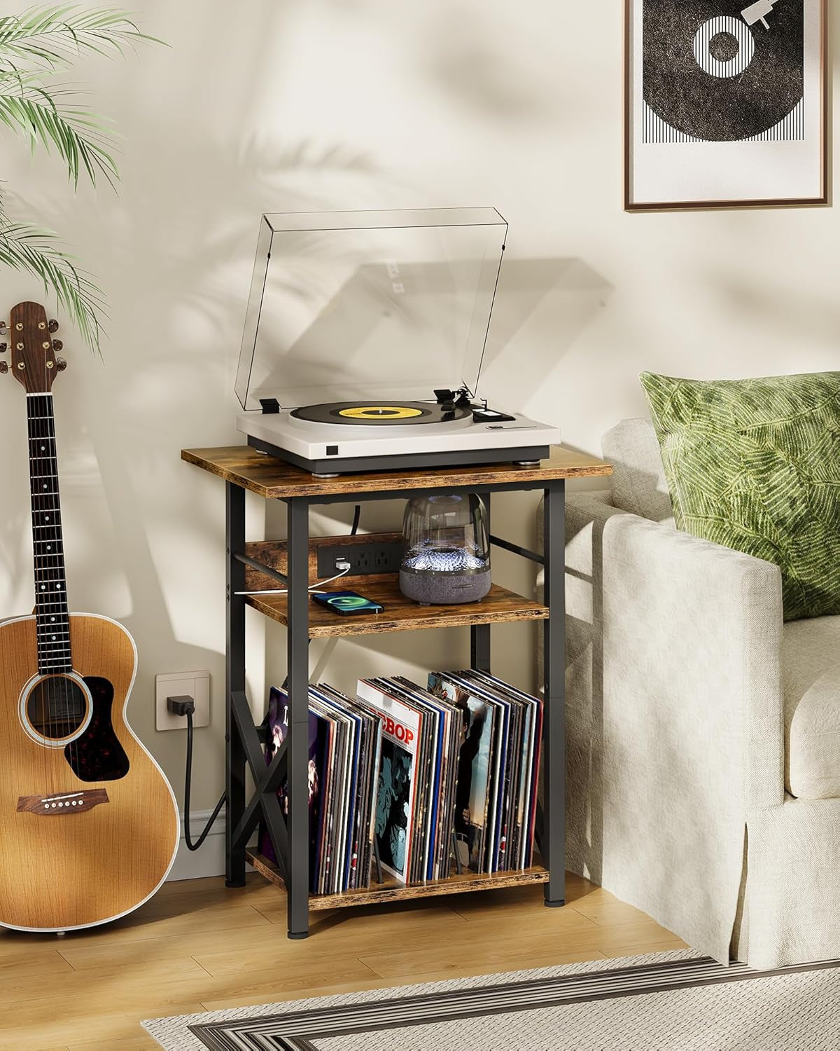 Record Player Stand with Power Outlet, Vinyl Record Storage Side Table, 19" Large Tabletop, Charging Station & Crossed Frame Design for Turntable, Rustic Brown and Black TBZ48UBF