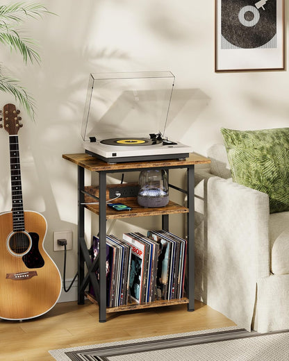 Record Player Stand with Power Outlet, Vinyl Record Storage Side Table, 19" Large Tabletop, Charging Station & Crossed Frame Design for Turntable, Rustic Brown and Black TBZ48UBF