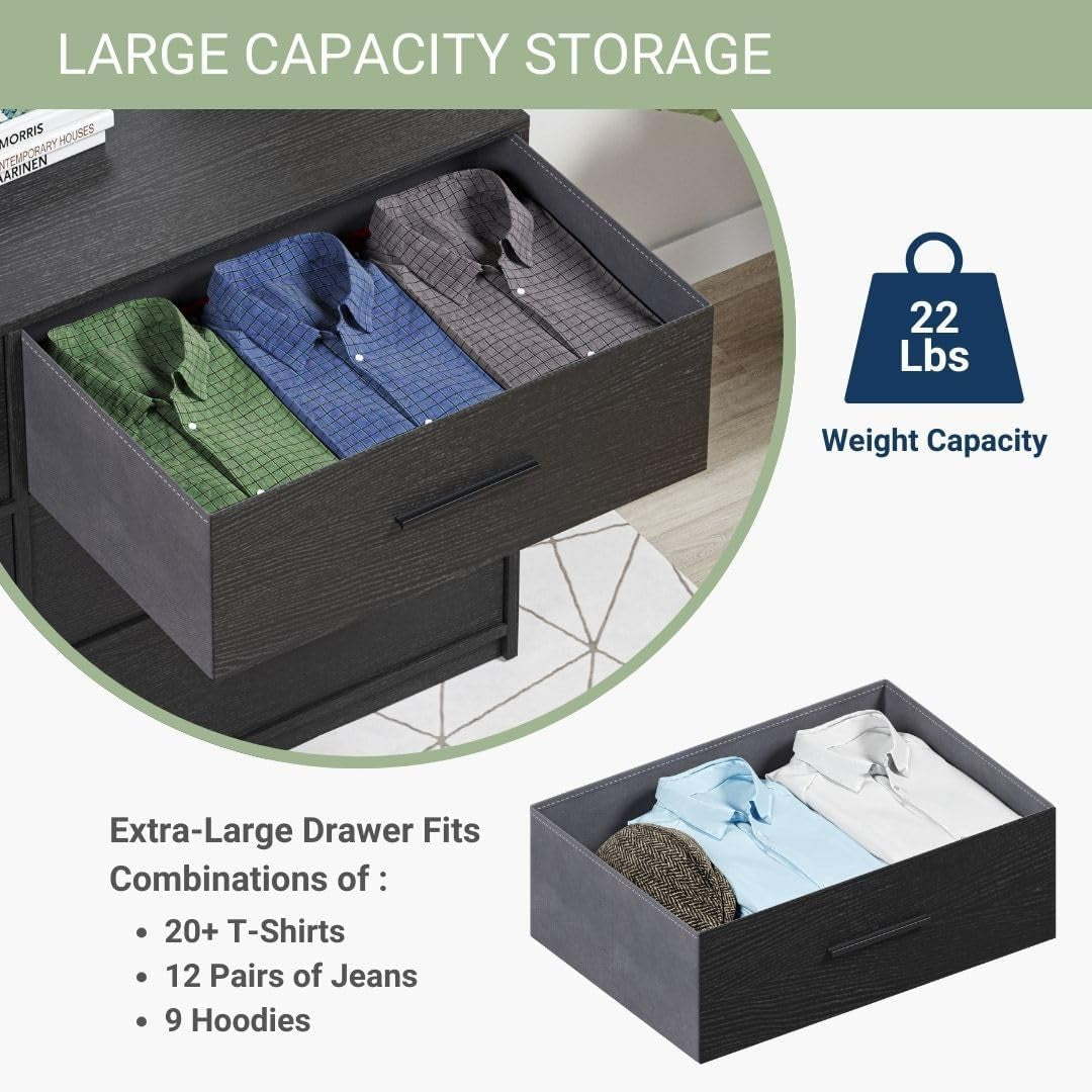 5-Drawer Dresser with Extra Large Fabric Drawers, Wood Frame Dresser with 5 Drawers for Bedroom or Living Room Storage, Hallway, Fabric Bins for Closet or Hallway Storage Organizer, Toy Chest, Black