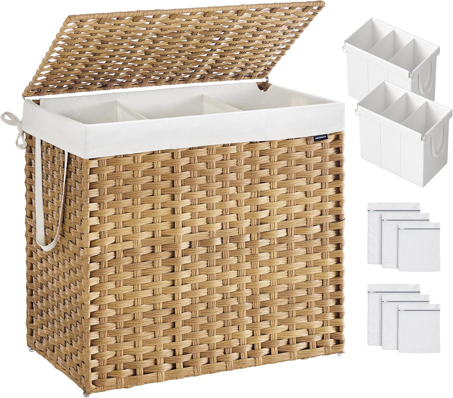 Laundry Hamper with Lid, 90L Clothes Hamper with 2 Removable Liner Bags, 6 Mesh Bags, Wicker Laundry Basket, Double Laundry Hamper for Bathroom, 13 X 18.1 X 23.6 Inches, Natural ULCB251N01V1