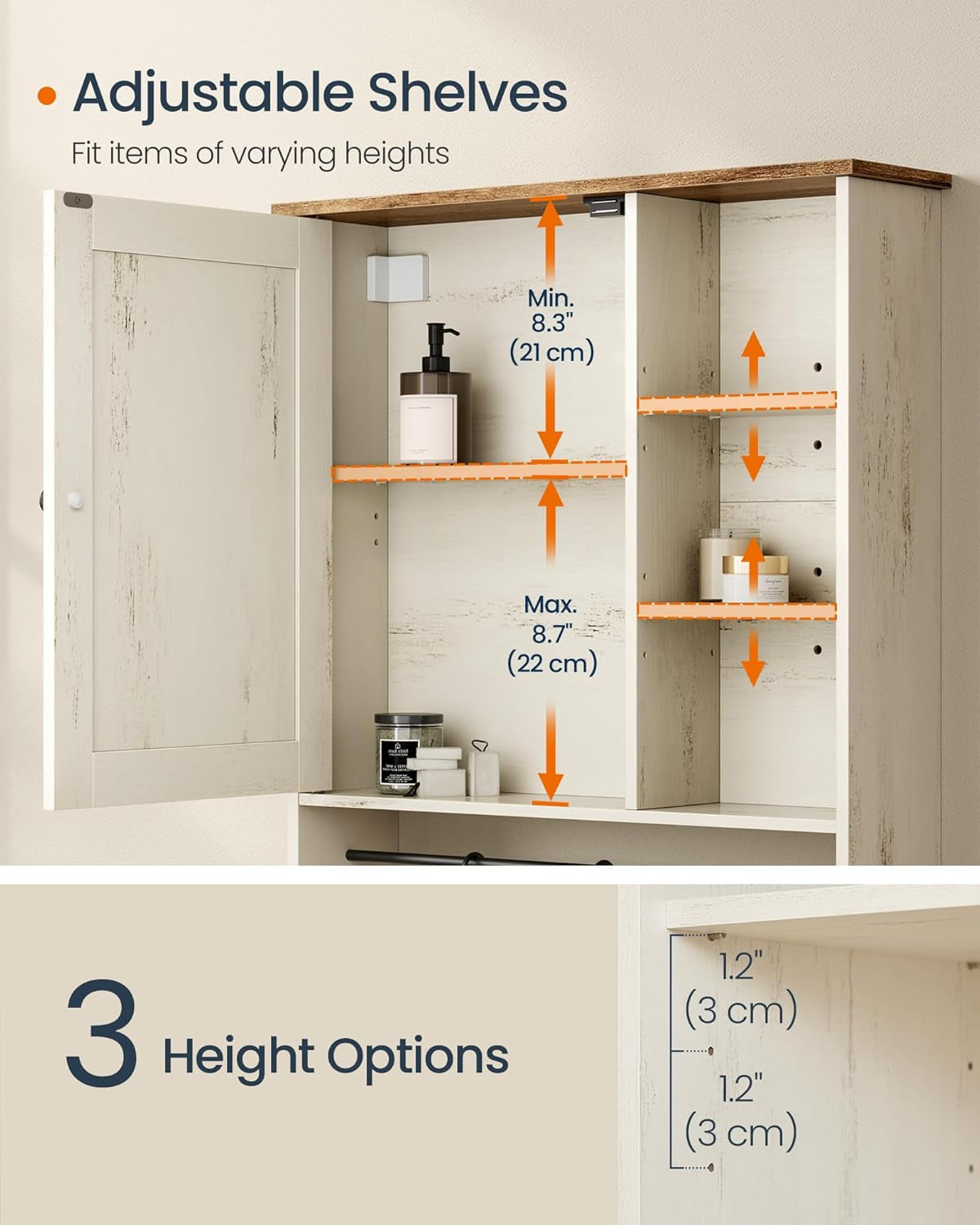 Bathroom Wall Mounted Storage Cabinet, Superfast Toolless Assembly, over the Toilet Hanging Medicine Cabinet with Adjustable Shelves & Door, for Kitchen/Pantry, Rustic White UBBC113WJ04S