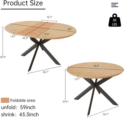 43.2"-59.1" Extendable round Dining Table Set of 7, round Kitchen Table with Thickened MDF Board, Oak Coffee Table,Steel Legs