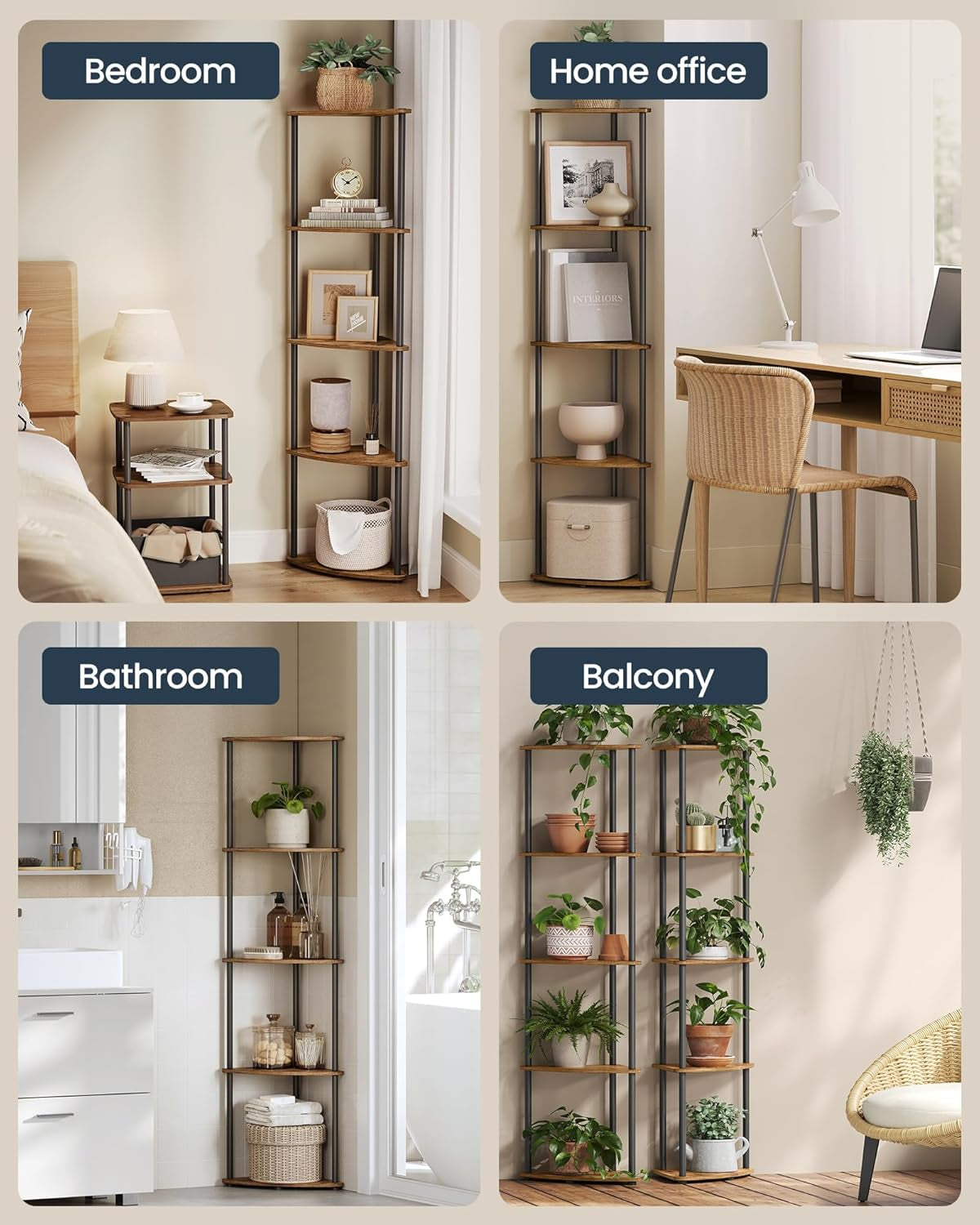 Superfast Toolless Assembly, Corner Shelf Stand, 5-Tier Corner Standing Shelf, Living Room, Bedroom, Kitchen, 15 X 10.6 X 54.7 Inches, Rustic Brown ULBC610K01
