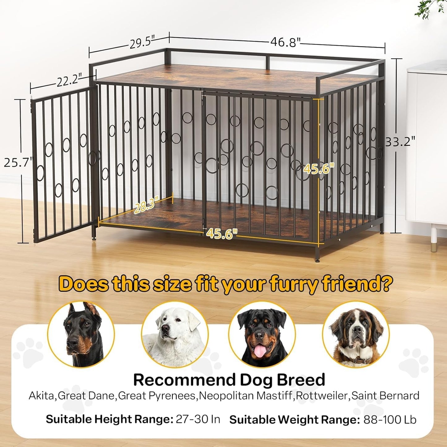 48 Inch XL Dog Crate Furniture for Extra Large Dogs, Heavy Duty Wooden Dog Kennel Table with Storage Shelf, Unique Modern round Decorative Pet Crate End Table, Sturdy Indoor Dog House