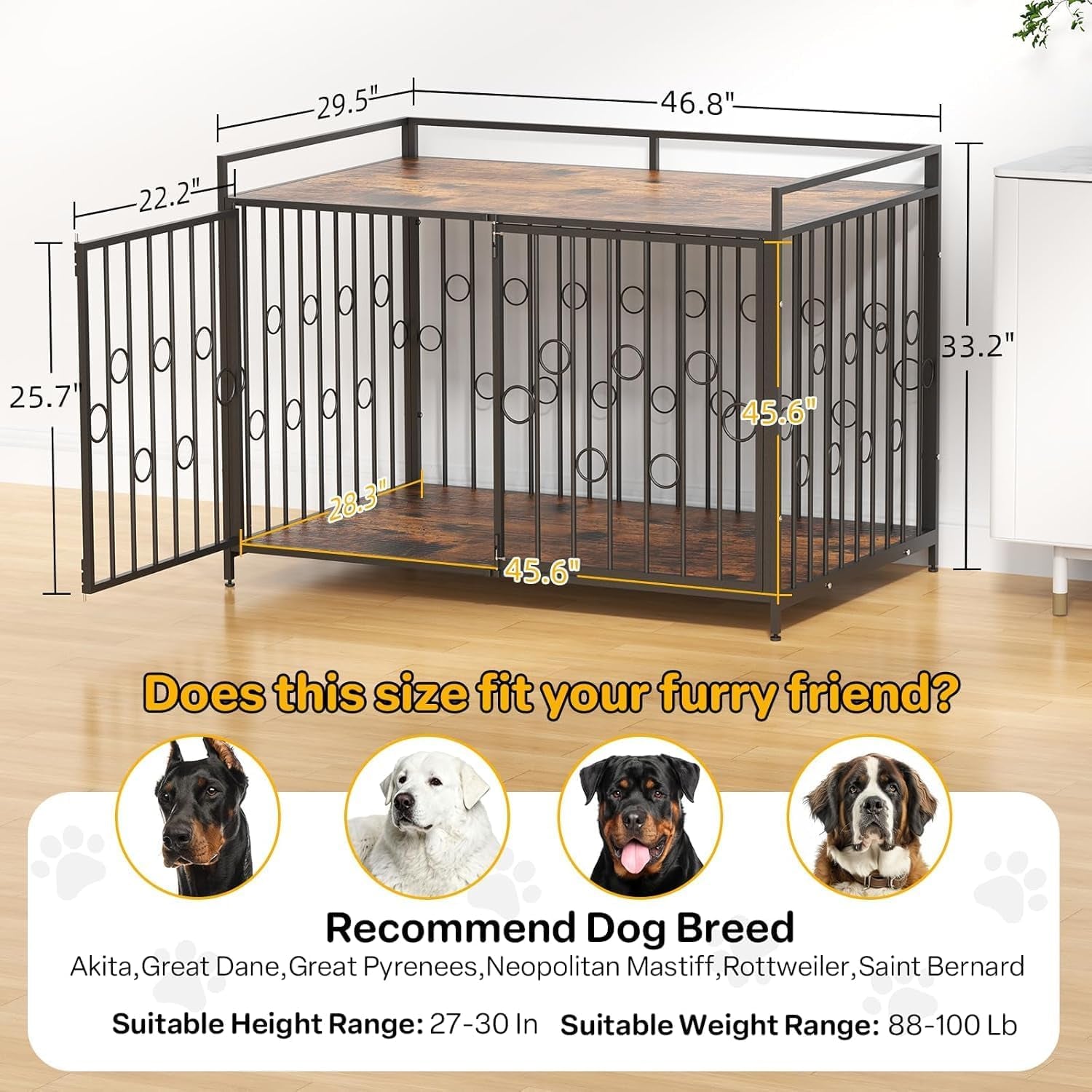48 Inch XL Dog Crate Furniture for Extra Large Dogs, Heavy Duty Wooden Dog Kennel Table with Storage Shelf, Unique Modern round Decorative Pet Crate End Table, Sturdy Indoor Dog House
