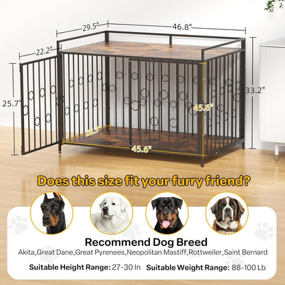 48 Inch XL Dog Crate Furniture for Extra Large Dogs, Heavy Duty Wooden Dog Kennel Table with Storage Shelf, Unique Modern round Decorative Pet Crate End Table, Sturdy Indoor Dog House