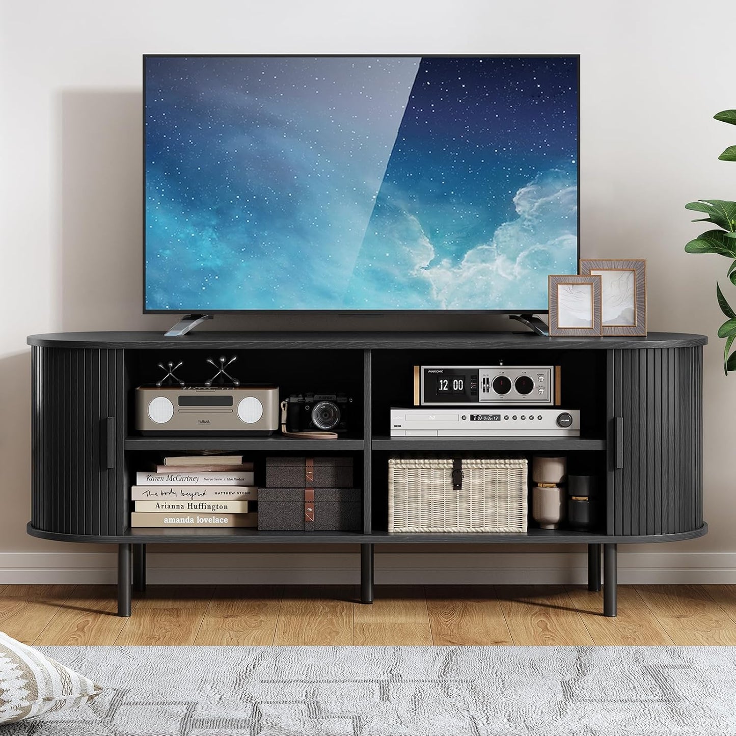 63" TV Stand with Power Outlet, Modern Media Console with Sliding Doors, Entertainment Center for Tvs up to 60 Inch, Adjustable Shelves, Black