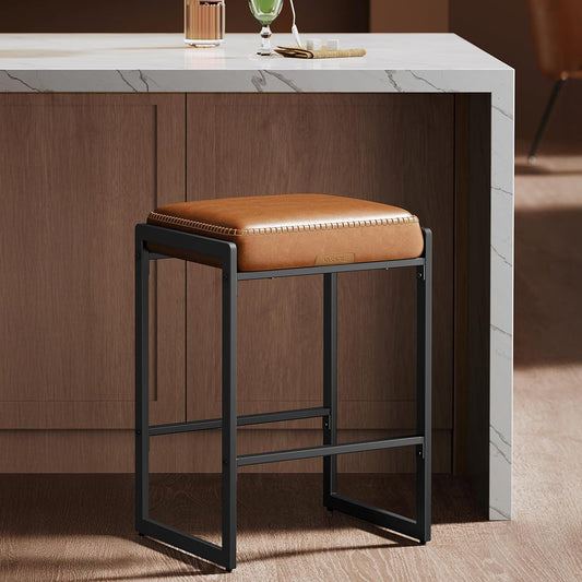 EKHO Collection - Bar Stool, Counter Height Bar Stool, Synthetic Leather with Stitching, Mid-Century Modern Counter Barstool, 26-Inch Tall, Kichen Home Bar Dining Room, Caramel Brown