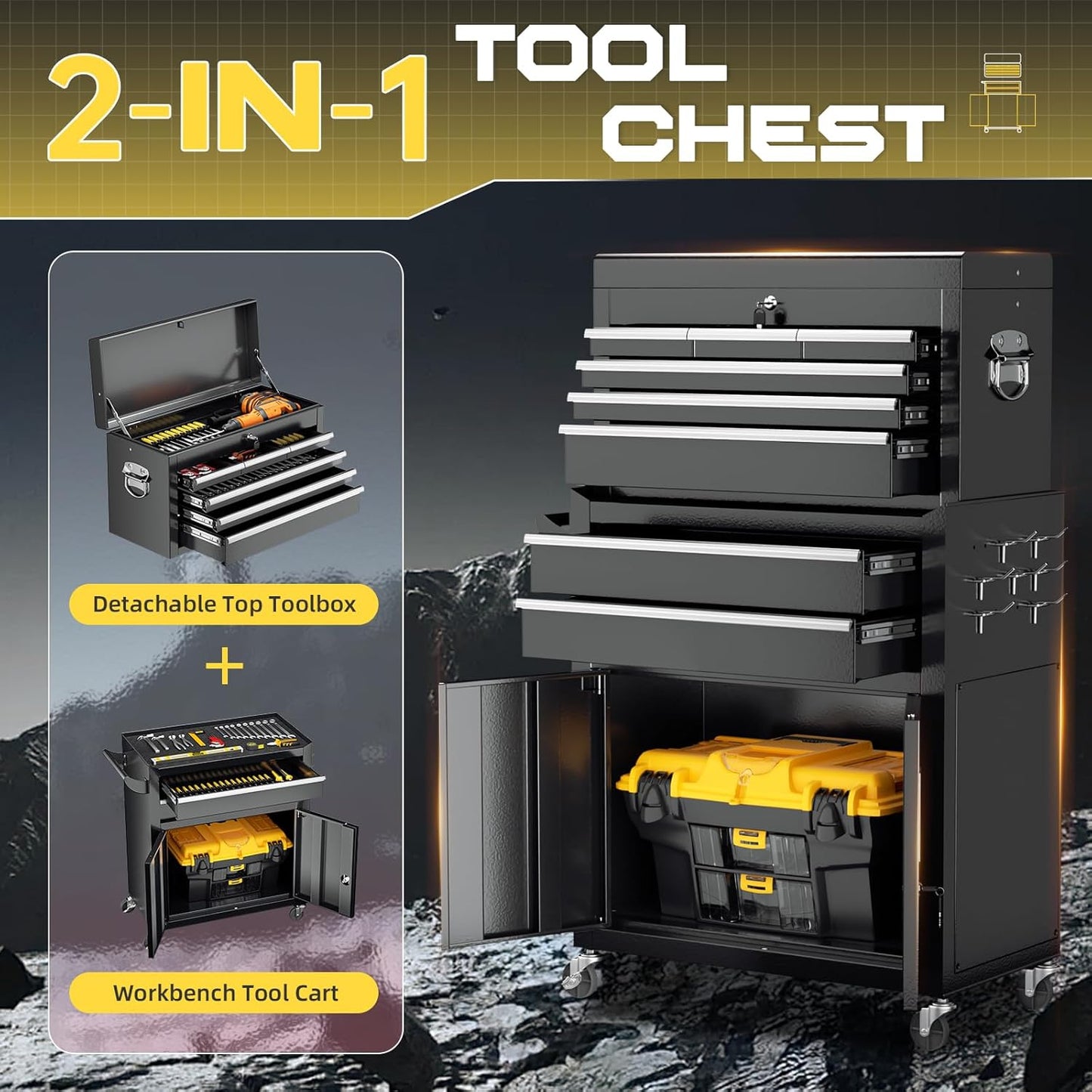 8-Drawer Rolling Tool Chest with Lock, Detachable Tool Cabinet Cart with Wheels, High-Capacity Mechanic Tool Organizer for Garage Workshop Warehouse Storage​