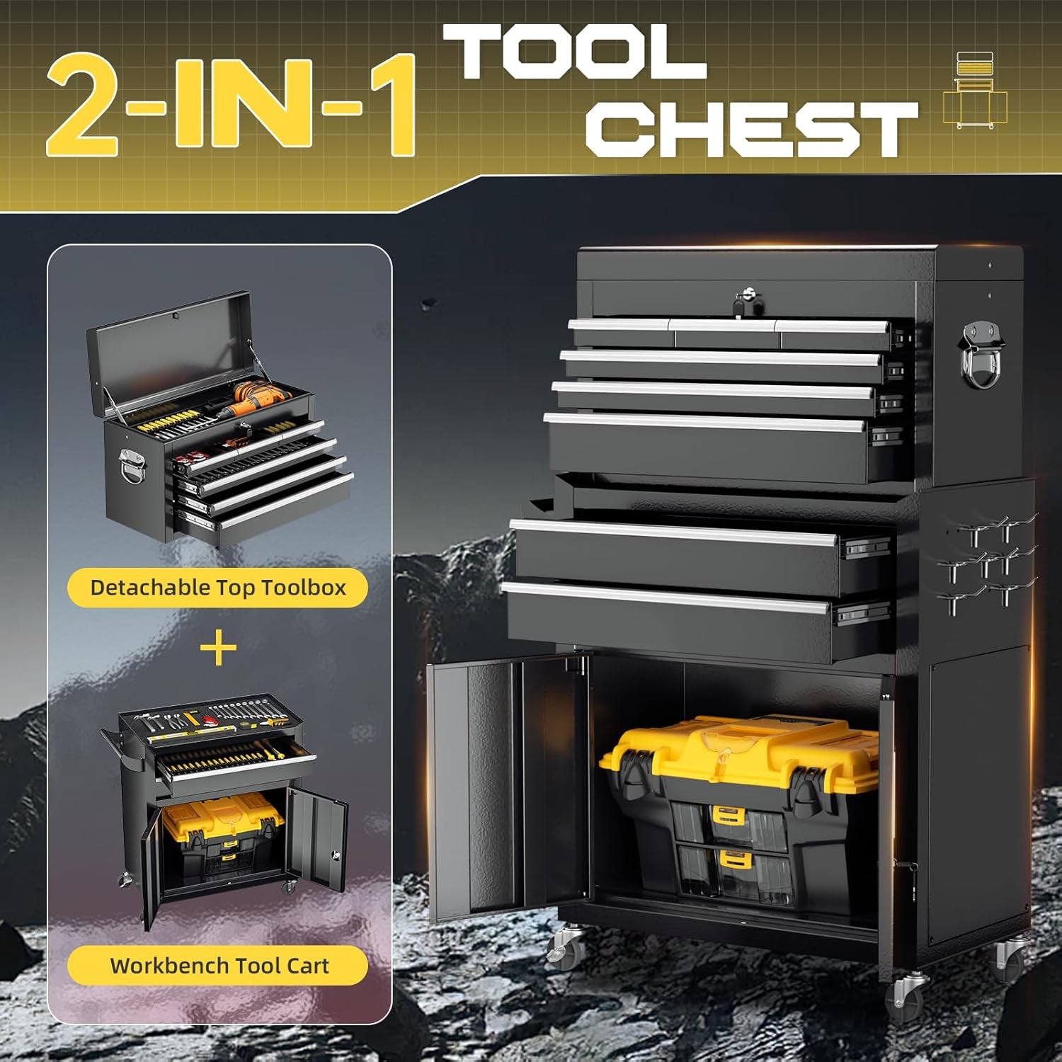 8-Drawer Rolling Tool Chest with Lock, Detachable Tool Cabinet Cart with Wheels, High-Capacity Mechanic Tool Organizer for Garage Workshop Warehouse Storage​