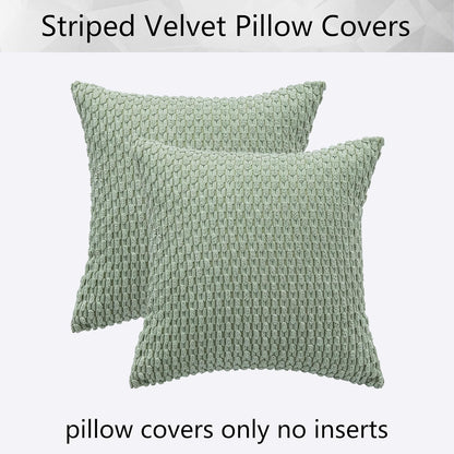 2 Packs Decorative Throw Pillow Covers 18X18 Inch for Living Room Couch Bed Spring Sofa Soft Striped Corduroy Square Cushion Case 45X45 Cm Farmhouse Boho Home Decor Sage Green