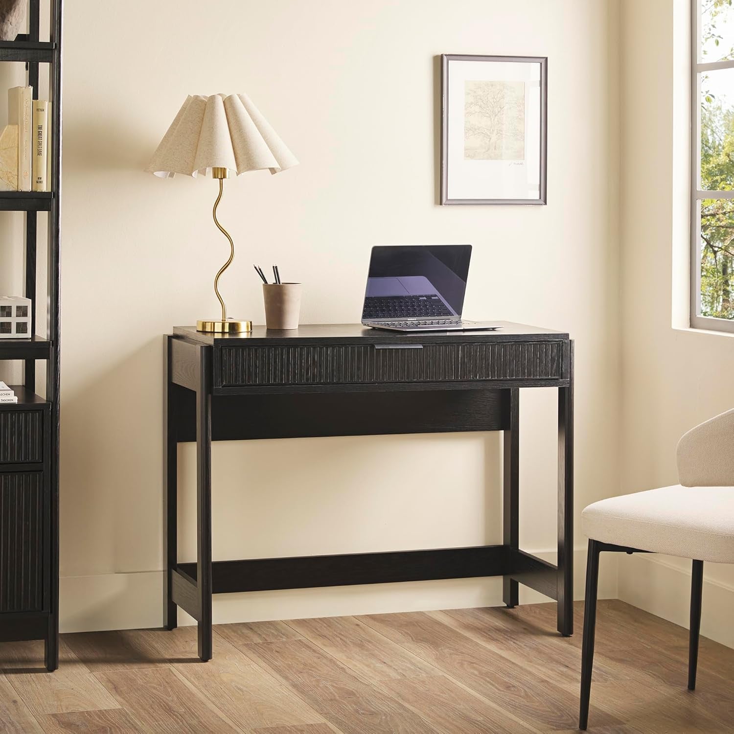 Transitional Office Design, Reeded Drawer Front Detail, Writing Desk with Drawer, Spacious Desktop, Complementary in Living Spaces, 38”W X 16.75”D X 30”H, Black