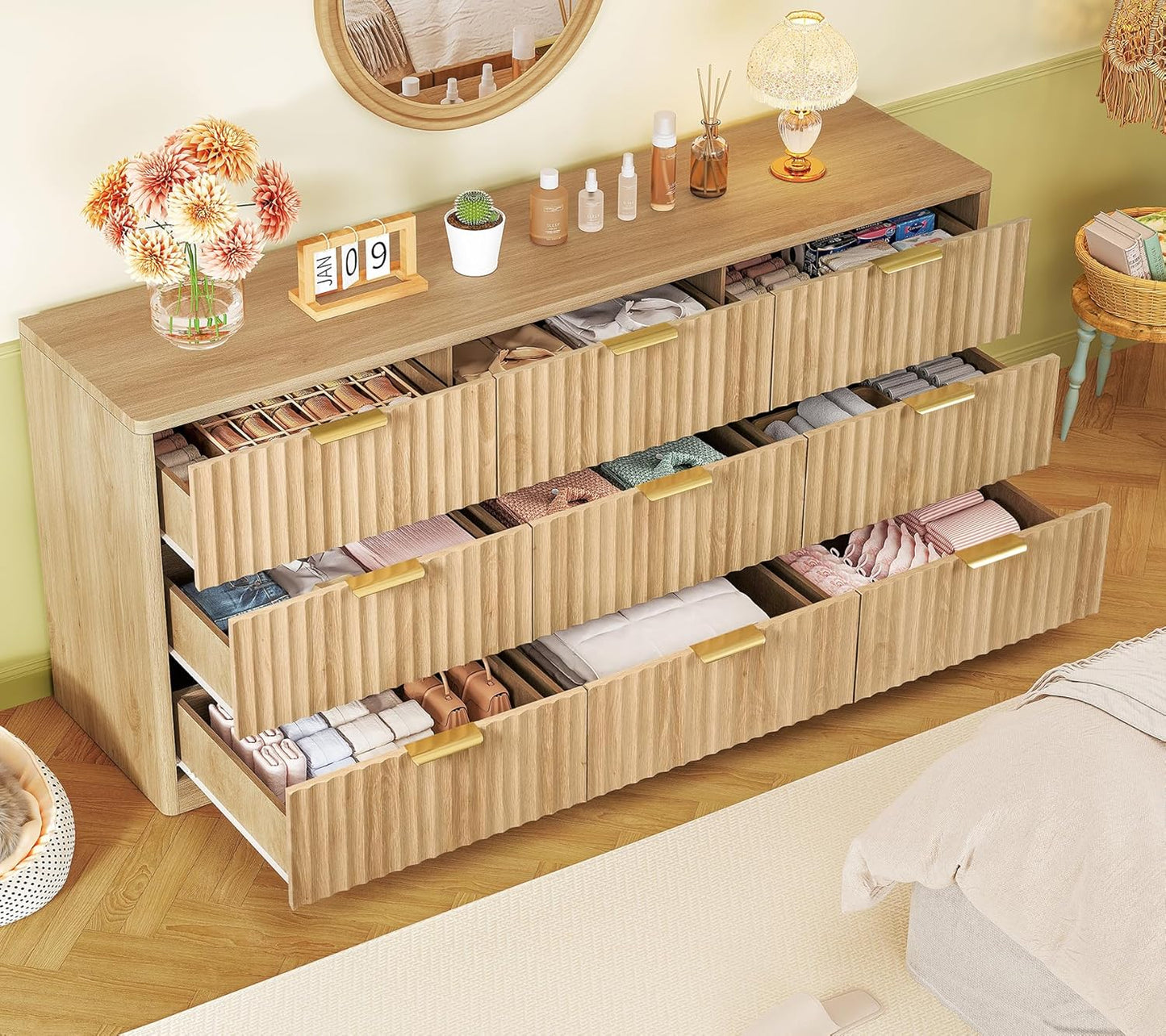 Fluted Dresser for Bedroom with 9 Drawers, 63" Wide Modern Chest of Drawers with Metal Handle & Curved Profile Design, Wood Closet Clothes Storage Organizer for Living Room, Hallway, Natural