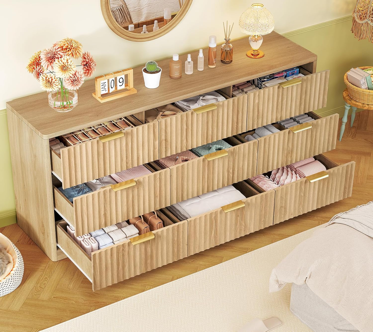 Fluted Dresser for Bedroom with 9 Drawers, 63" Wide Modern Chest of Drawers with Metal Handle & Curved Profile Design, Wood Closet Clothes Storage Organizer for Living Room, Hallway, Natural
