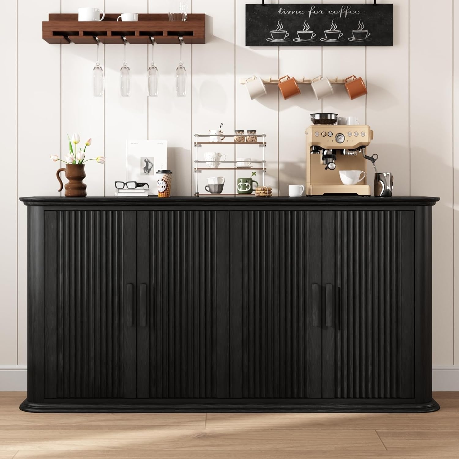 Fluted Sideboard Buffet Cabinet with Storage, 60" Modern Credenza with 4 Doors & Adjustable Shelves, Wood Coffee Bar Table for Living Room, Kitchen, Dining Room, Hallway, Black