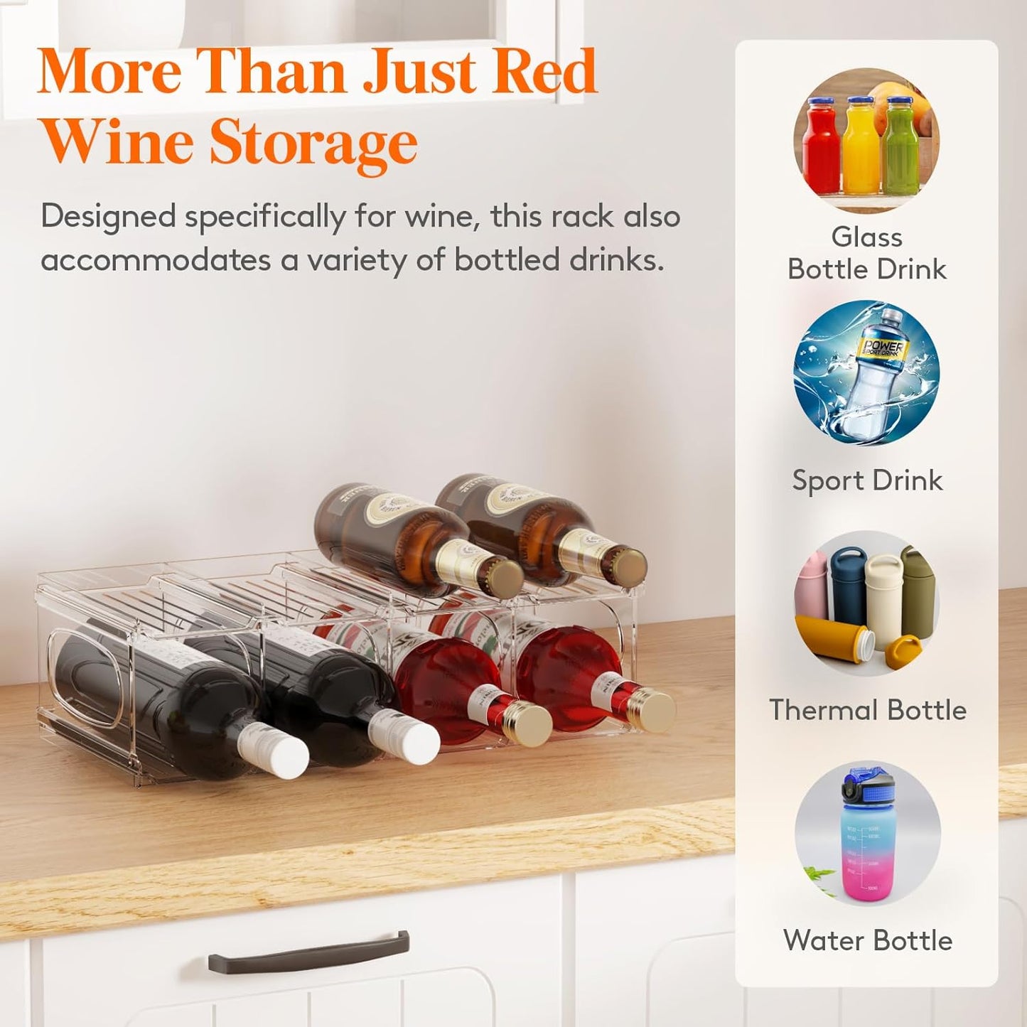 Wine Rack for Fridge, Stackable Wine Bottle Holder with Sturdy Support Insert & Reinforced Design, Plastic Bottle Organizer for Refrigerator, Cabinet & Pantry, Clear, Holds 8 Bottles