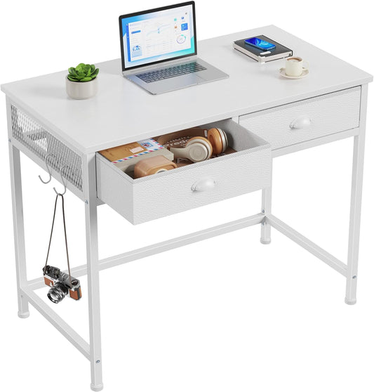 White Small Computer Desk with 2 Fabric Drawers for Bedroom,34 Inch Simple Home Office Writing Desk, Vanity Desk with Hooks, Study Table for Adults Student Small Spaces