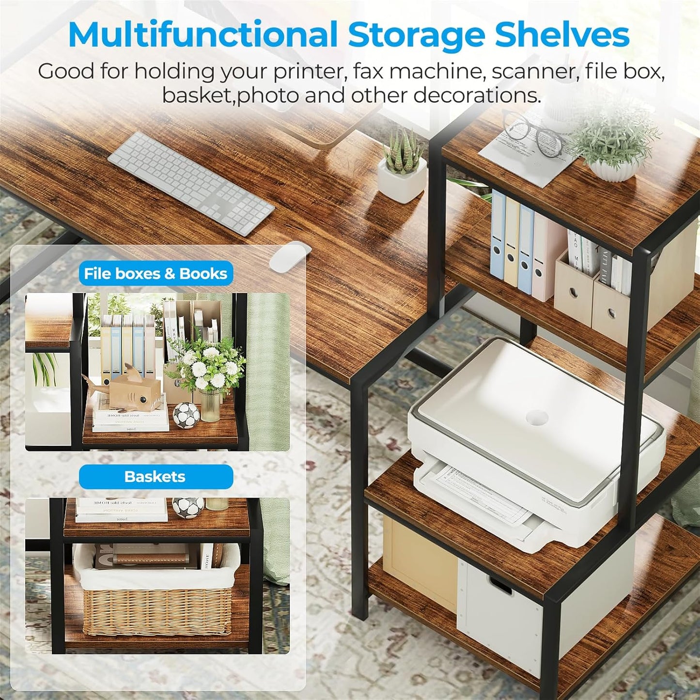 Computer Desk 58 Inch with Printer Shelf, Reversible Office Desk with Monitor Stand and 2 Hooks, Home Workstation for Study Writing Working Gaming, Brown