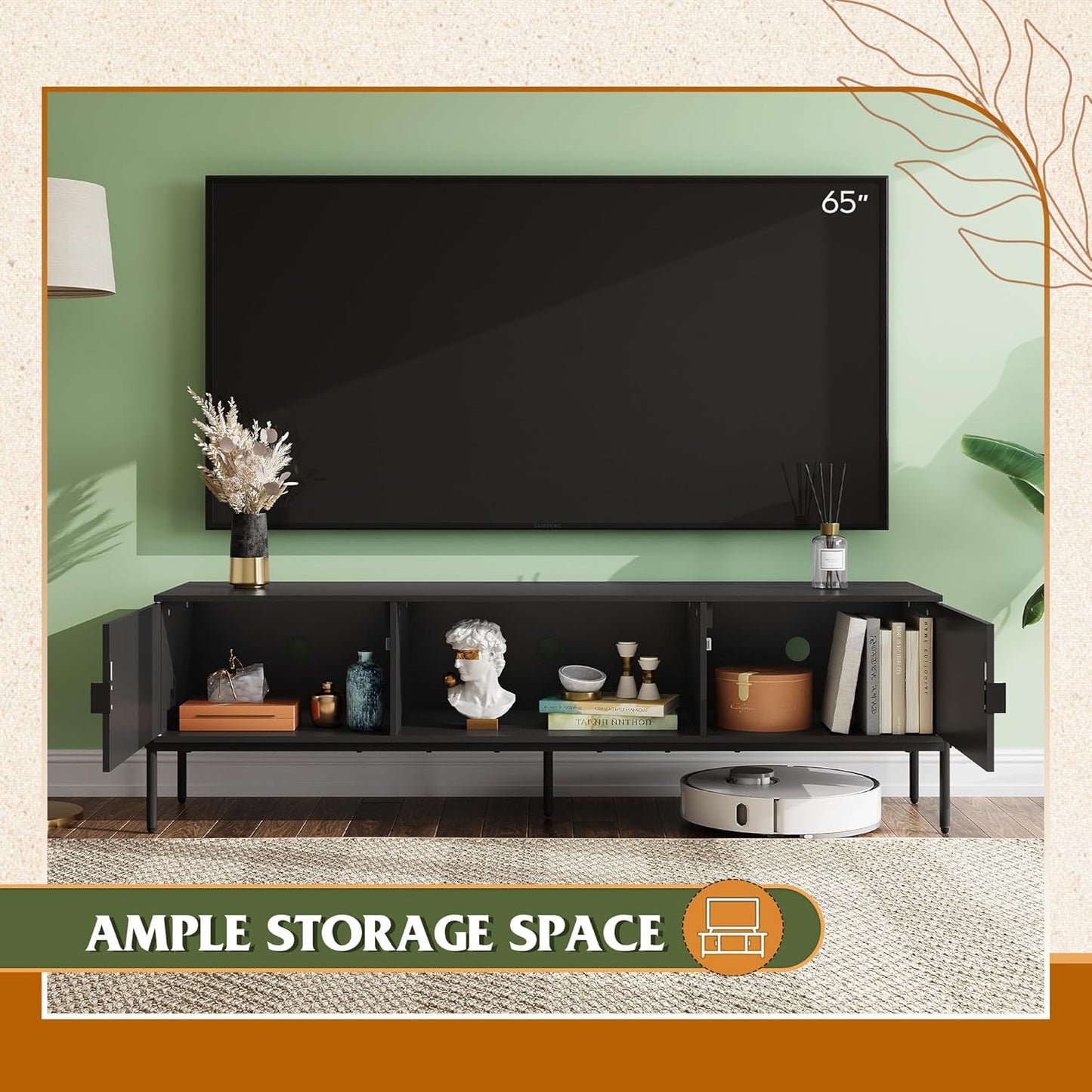 Modern TV Stand for 65 Inch TV, Mid Century Entainment Center with Storage, TV Console with Open Shelf and 2 Cabinets for Bedroom and Living Room, TV Cabinet with Metal Legs, Black