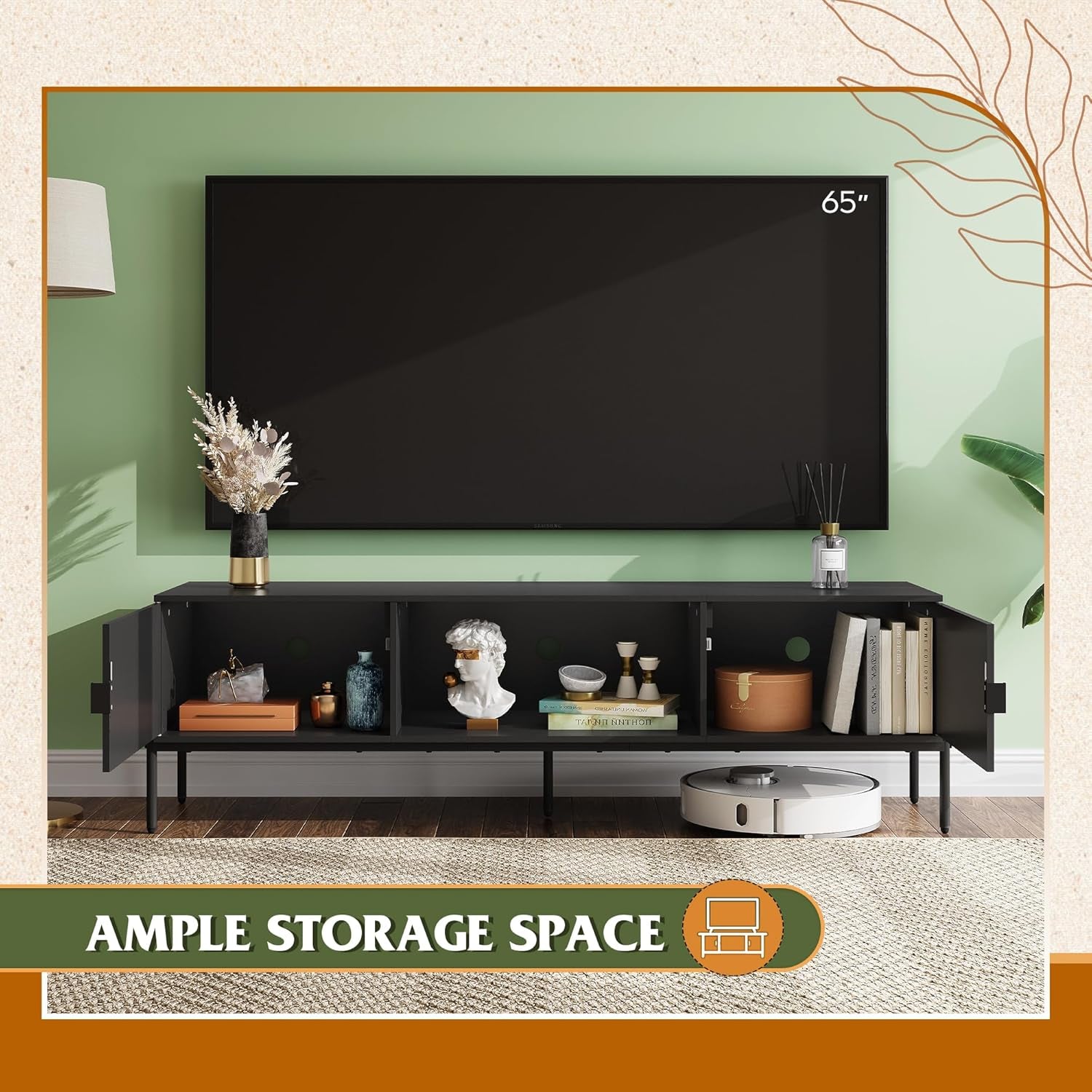 Modern TV Stand for 65 Inch TV, Mid Century Entainment Center with Storage, TV Console with Open Shelf and 2 Cabinets for Bedroom and Living Room, TV Cabinet with Metal Legs, Black