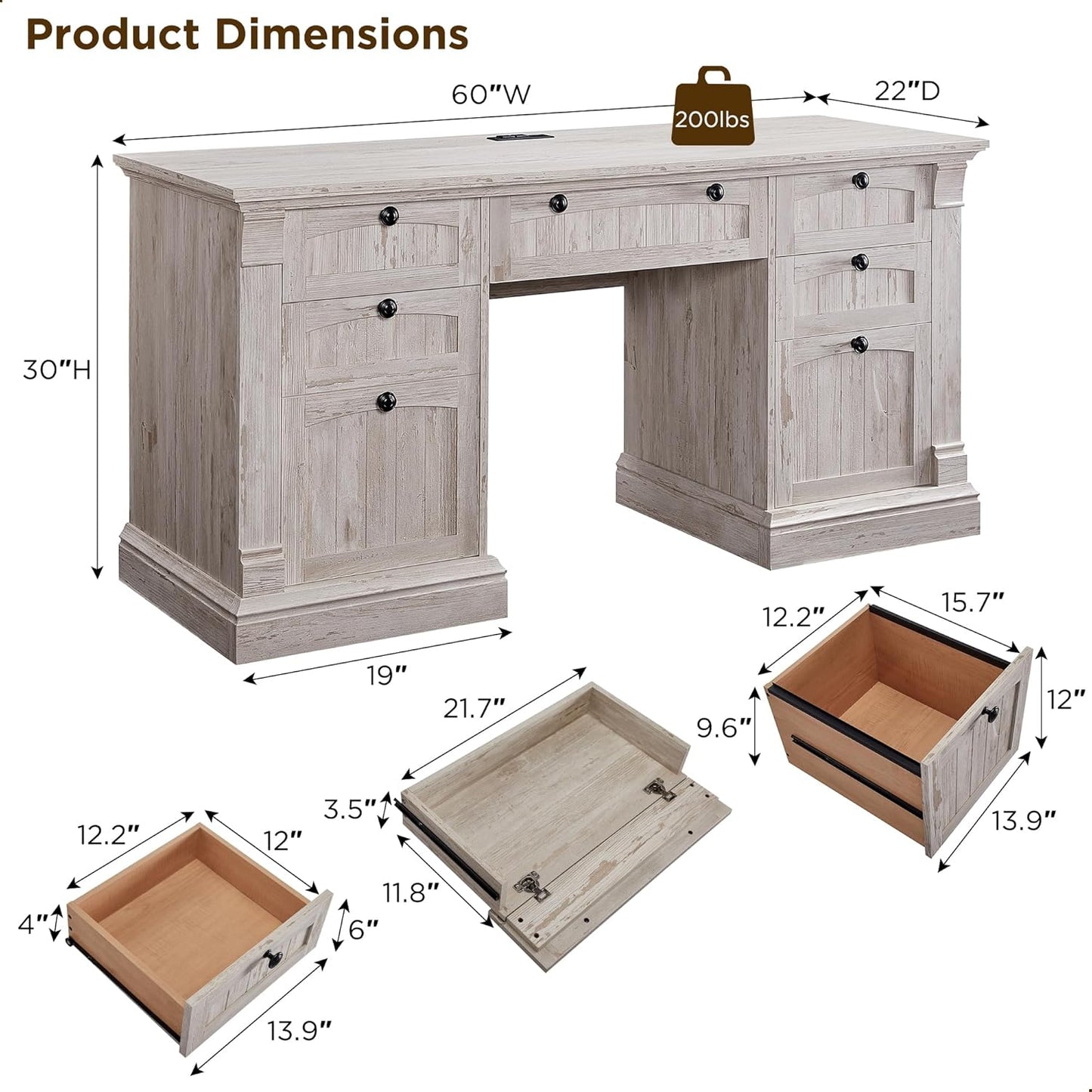 60" Executive Desk with Drawers, Farmhouse Home Office Desk with Charging Station, Keyboard Tray, File Cabinet Storage, Wood Computer Desk for Work and Study, Antique Brushed White