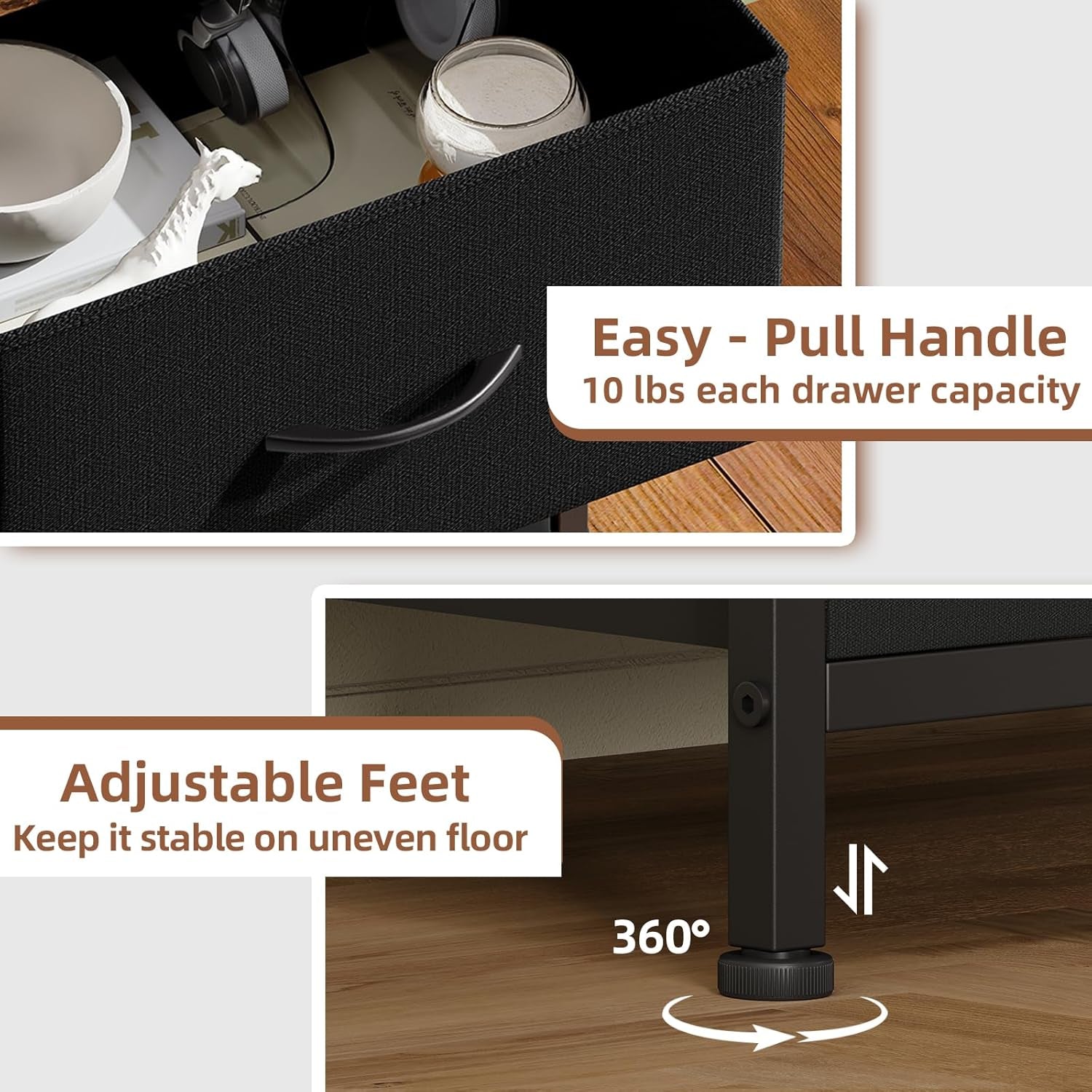 Black Nightstand, Small Dresser for Bedroom with 2 Drawers, Bedside Table Night Stand End Table with Fabric Bins for Bedroom Kids Closet Dorm Guest Room, Black Rustic Brown