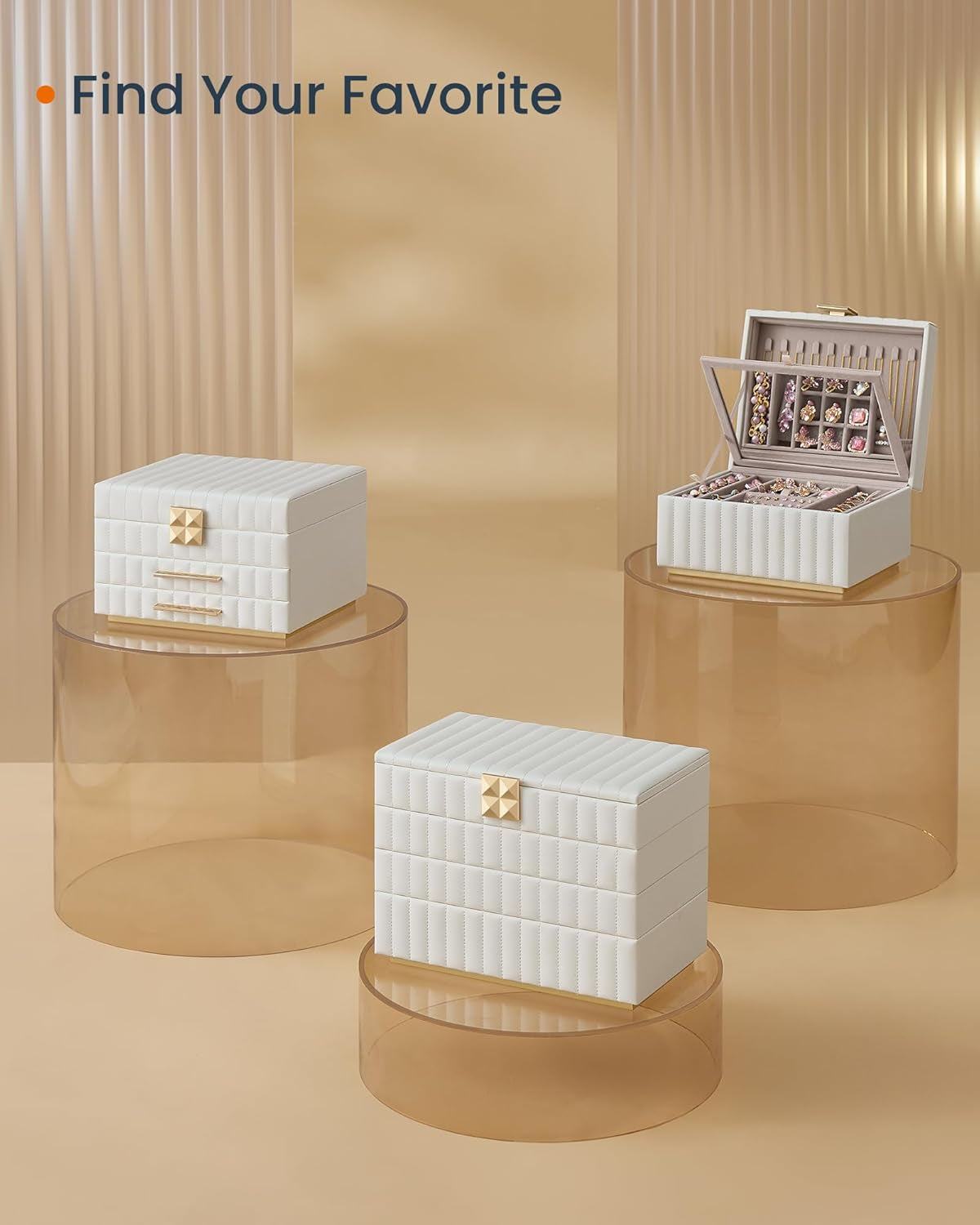 HOME 3-Tier Jewelry Box with Mirror, Jewelry Organizer with 2 Drawers, PU Surface with Stitching, Floating Effect, 8.5 X 9.4 X 6.2 Inches, Cloud White, ANAH Collection UJBC183W01