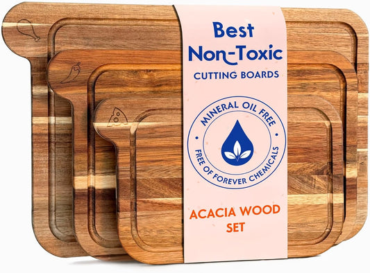 Non Toxic Cutting Boards - Cutting Board Set Free of Mineral Oil, Made of FSC Acacia Wood - Cutting Boards for Kitchen - Includes 3 Chopping Boards. by