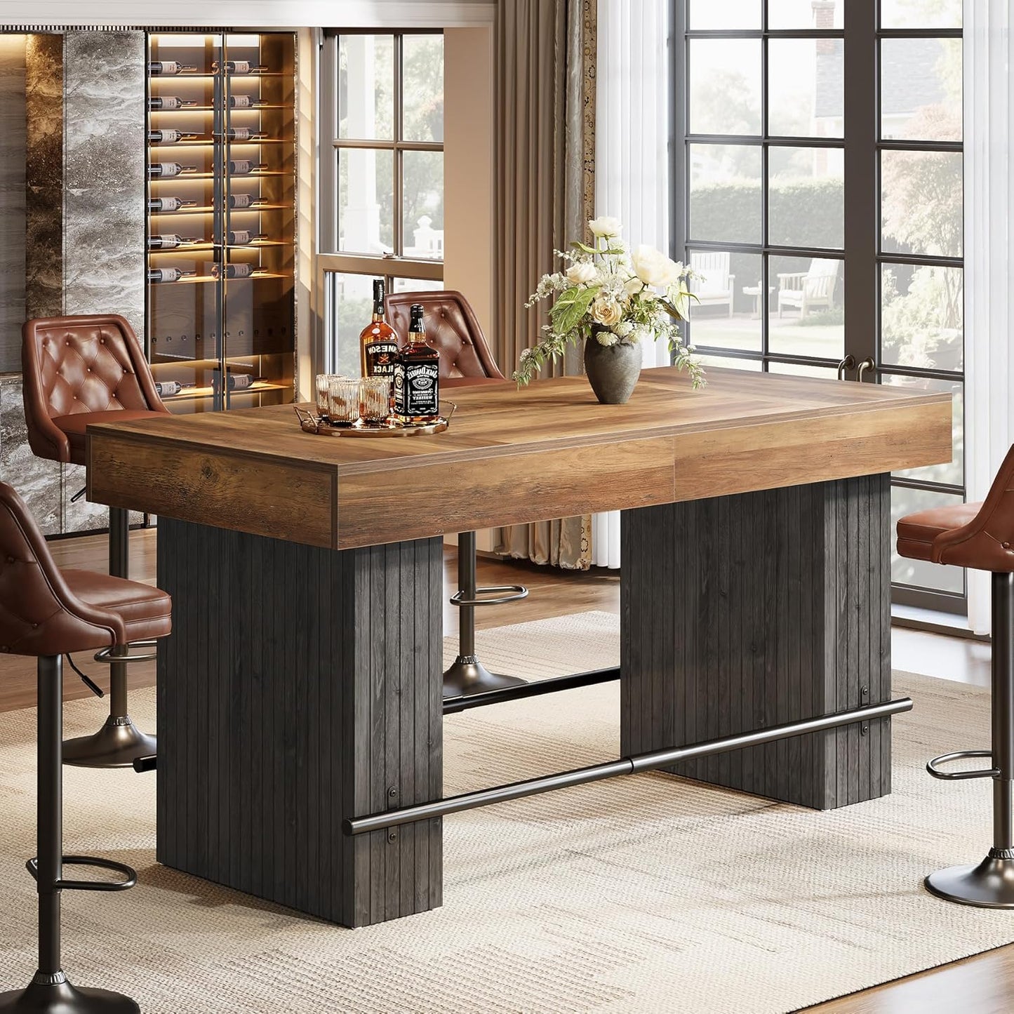 63 Inch Bar Table, Industrial Counter Height Pub Dining Table, Rectangular Home Bar Units with Metal Footrest for Home Kitchen, Dining Room, Bistro