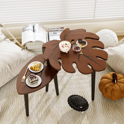 Monstera Leaf Nesting Tables Set of 2, Small Side Tables F Set with Leaf Vein Pattern, Modern Wooden Coffeetables for Living Room Bedroom Apartment Balcony Yard