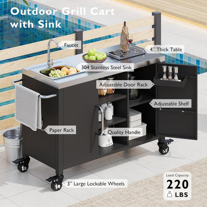 55.5" Outdoor Kitchen Island with Stainless Steel Sink, Outdoor Bar Cart Sink Station with 4 Lockable Wheel for Pizza Prep & BBQ Black