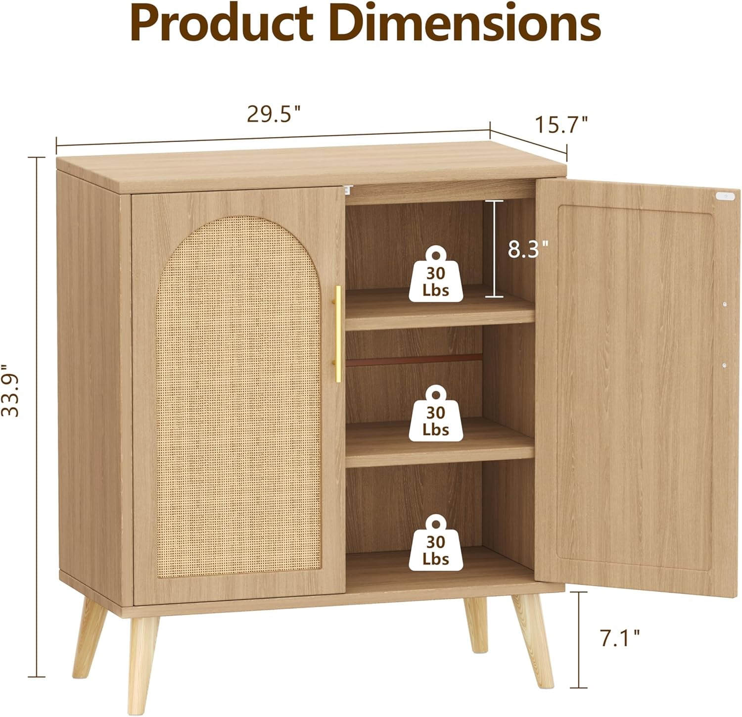 Rattan Buffet Cabinet with Storage, Boho Buffet Table with Adjustable Shelf and Solid Wood Legs, Accent Sideboard with Doors, Floor Cabinet for Kitchen, Dining Room and Living Room, Natural