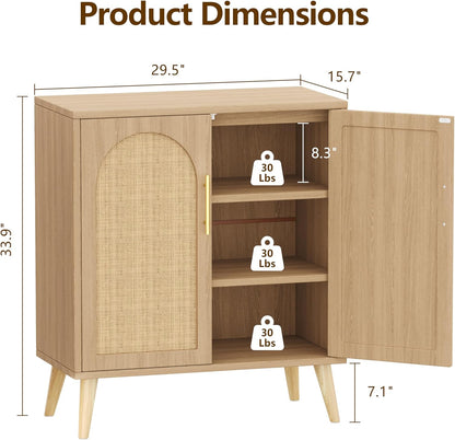 Rattan Buffet Cabinet with Storage, Boho Buffet Table with Adjustable Shelf and Solid Wood Legs, Accent Sideboard with Doors, Floor Cabinet for Kitchen, Dining Room and Living Room, Natural