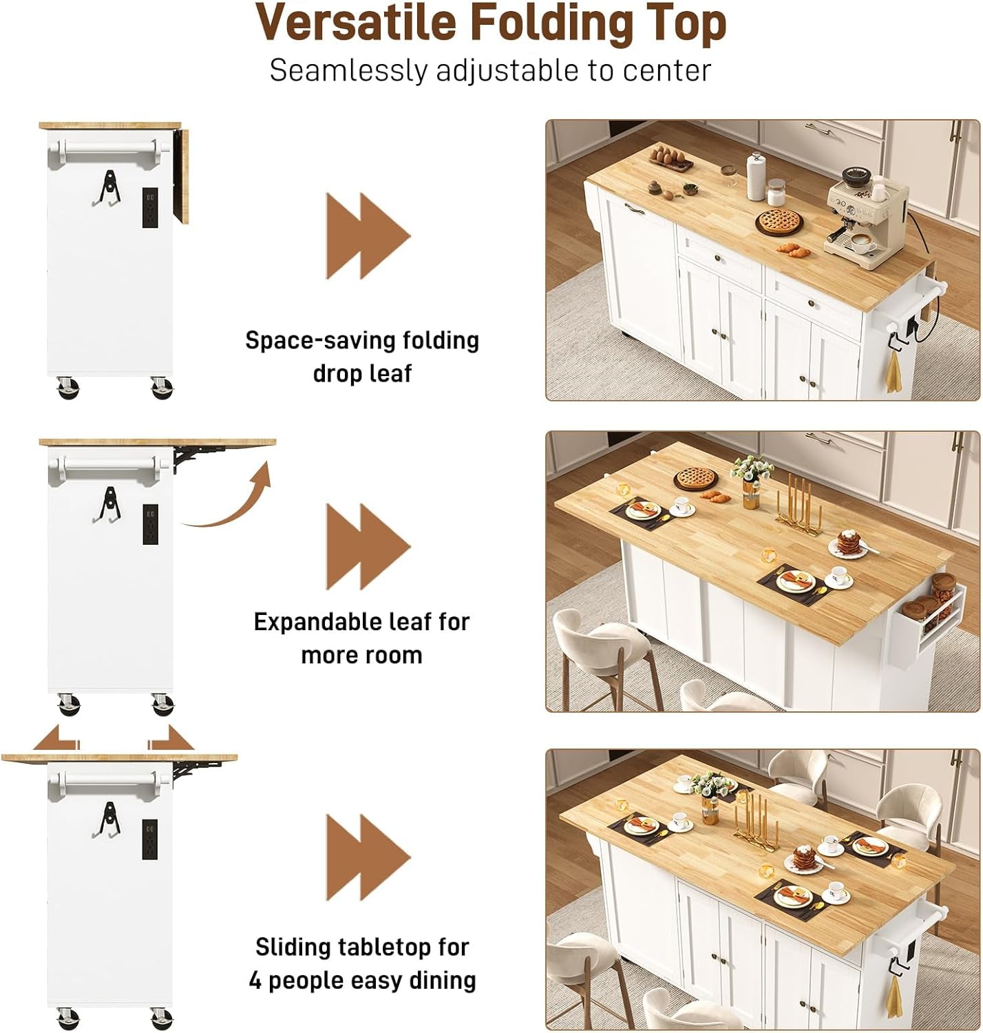 67" Large Movable Kitchen Island W/Sliding Drop Leaf,Power Outlet, Kitchen Rolling Island Cart W/ 2 Drawers, Island Table on Wheels W/ Trash Storage Cabinet,Spice Rack, Towel Bar,Garage Hook, White