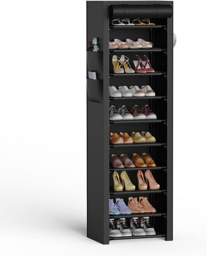 Vertical Narrow Shoe Rack Organizer 10 Tier Tall Shoe Shelf Holds 20-22 Pairs with Non-Woven Dustproof Cover for Closet, Entryway Black