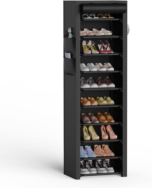 Vertical Narrow Shoe Rack Organizer 10 Tier Tall Shoe Shelf Holds 20-22 Pairs with Non-Woven Dustproof Cover for Closet, Entryway Black
