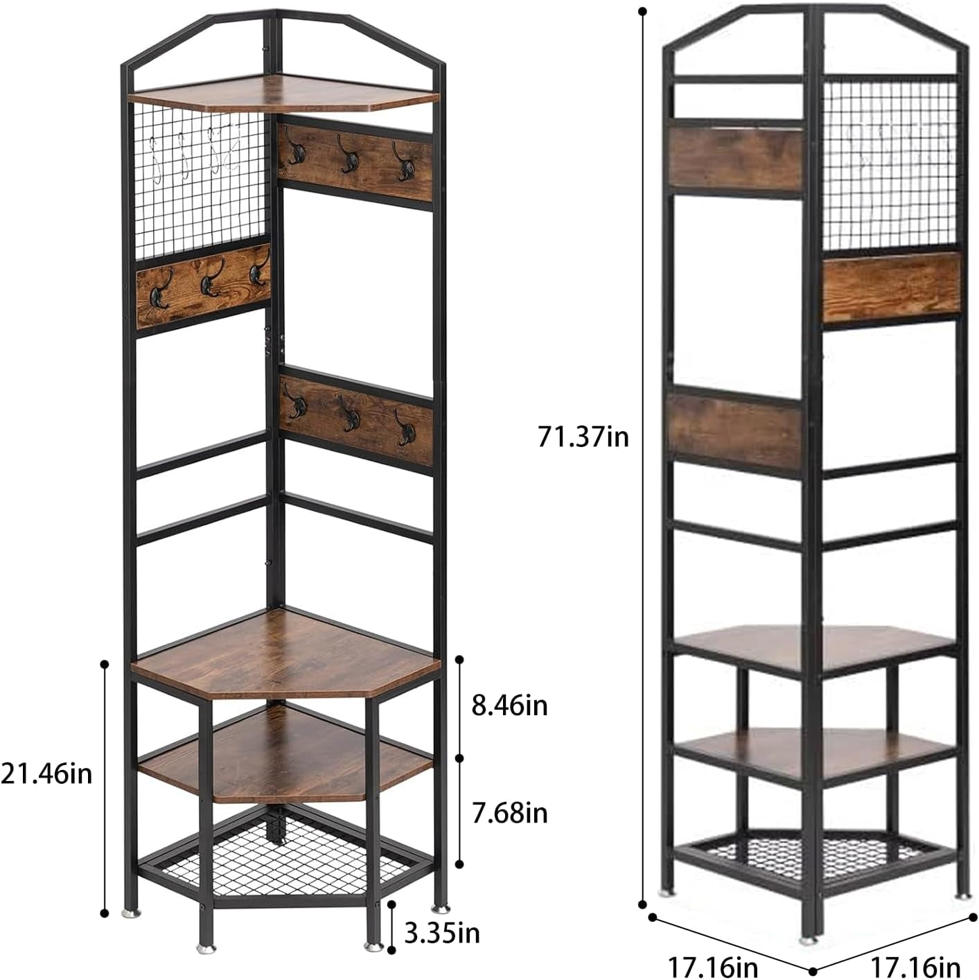 4-Tier Corner Industrial Hall Tree, Freestanding Entryway Coat Storage Rack with Hooks and Wooden Storage Shelves, Black