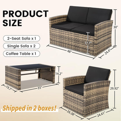 4-Piece Patio Furniture Set, Wicker Outdoor Rattan Sectional Sofa with Cushions and Glass Table, All-Weather Outdoor Conversation Set for Garden, Porch, Backyard, Patio, Black
